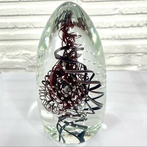 Vintage 1996 Henry Summa Large Egg Glass Paperweight Maroon Ribbon & Bubbles